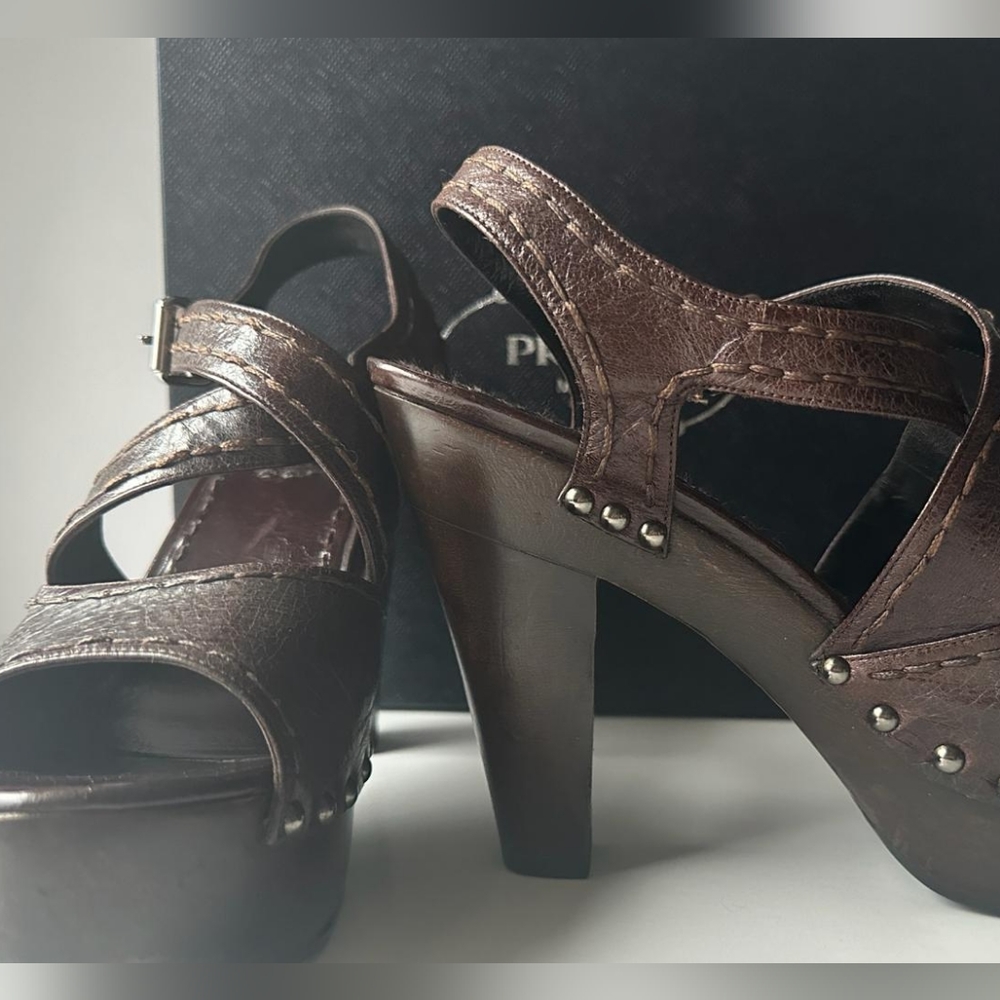 Prada Brown Leather Platform Clogs